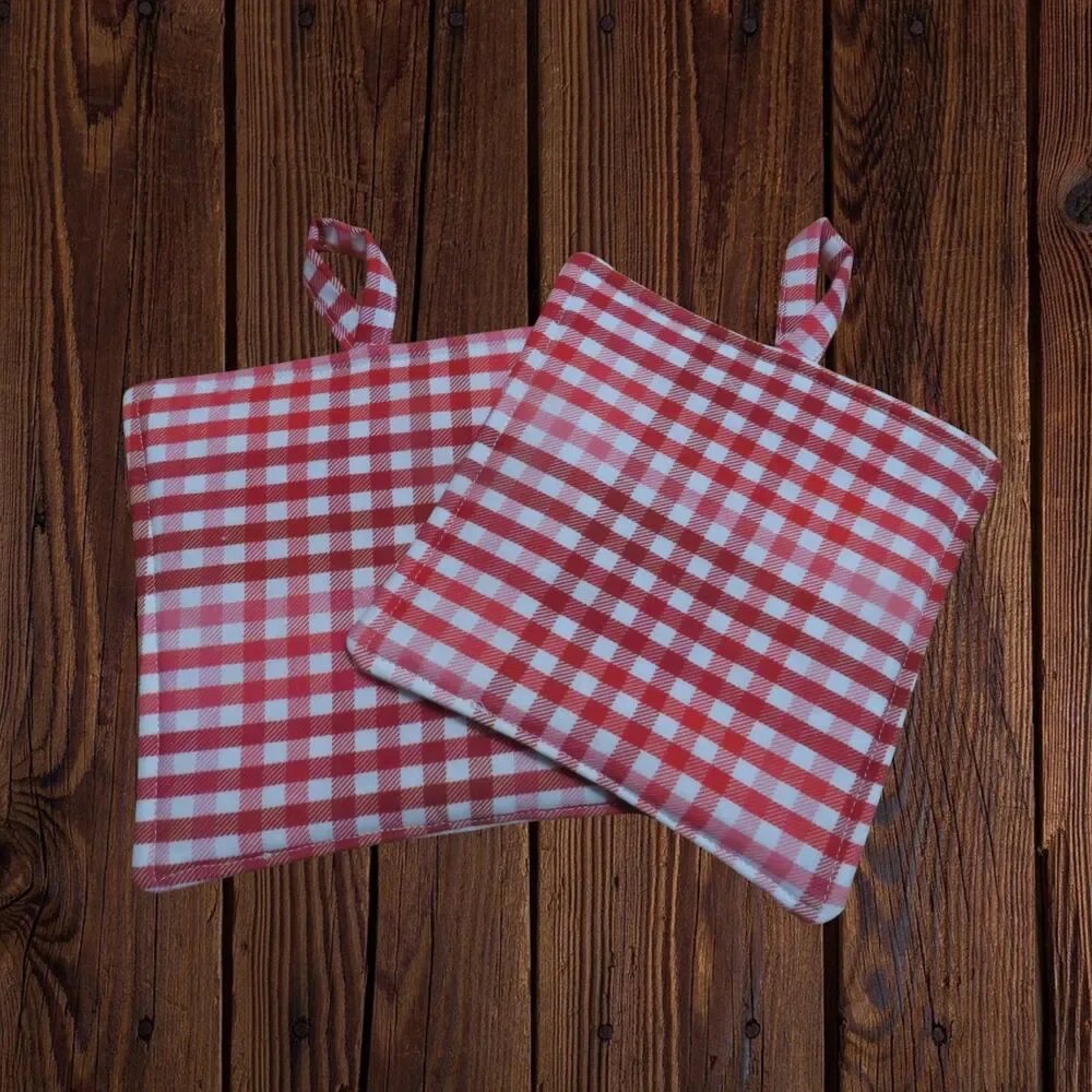 Handmade Potholder, Set of 2, Reversible Baking and Red Gingham Hot Pads